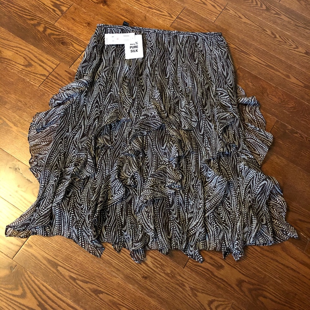 NWT I-N-C Feather Print Ruffle Skirt All Silk